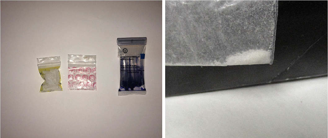Two examples of methamphetamine that were seized in the Silver Valley. The blue package on the left is a positive meth test.