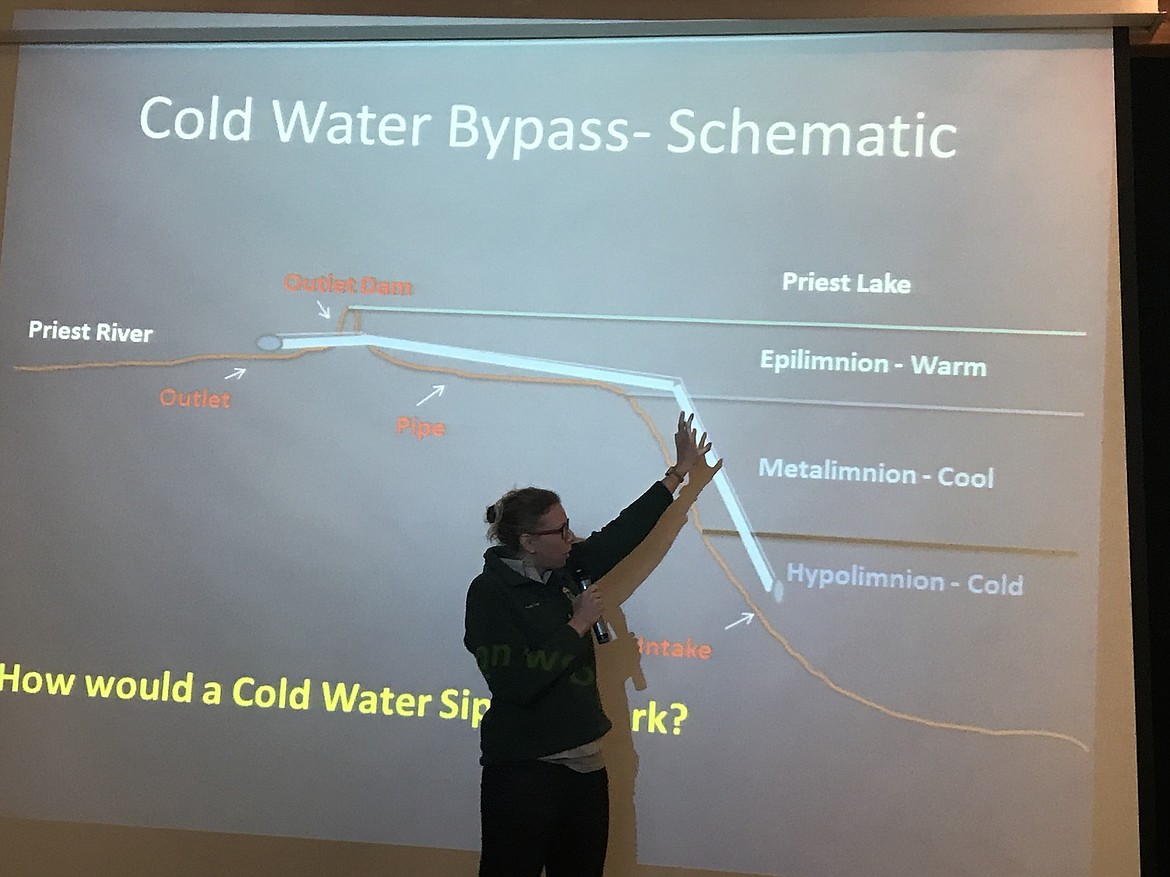 Kiira Siitari, a staff environmental biologist with Idaho Fish &amp; Game, outlines the cold-water bypass concept proposed at Priest Lake during the Idaho Lakes Commission meeting on Friday.

(Photo by 
KEITH KINNAIRD)