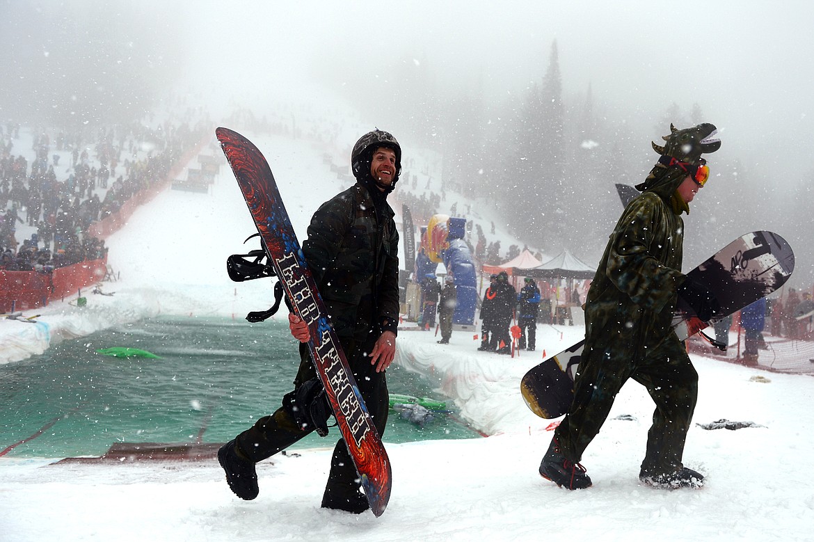 Participants compete in the 2018 Whitefish Pond Skim at Whitefish Mountain Resort on Saturday. (Casey Kreider/Daily Inter Lake)