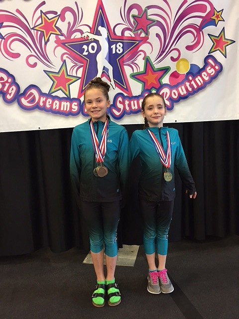 Ava Nordberg, left, and Kirsten Iames of Technique Gymnastics won state championships in the vault at the recent state gymnastics meet in Pocatello.
Courtesy photo