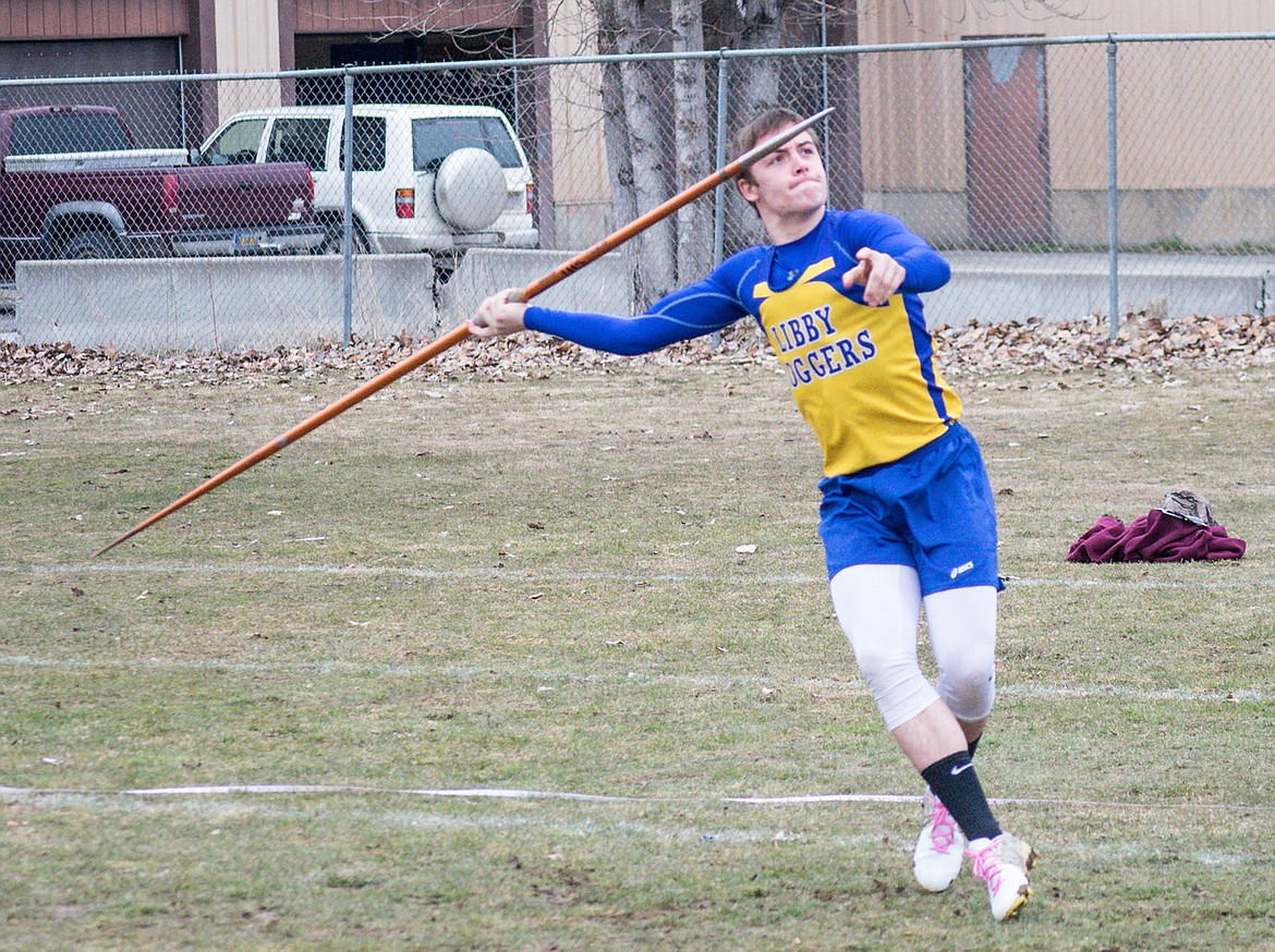 Libby senior Tanner Wood throws the javelin at the Eureka Invitational hosted at Libby High School, April 7. (Ben Kibbey/The Western News)