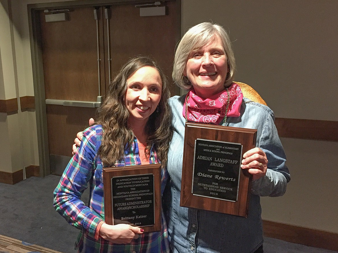 W.F. Morrison Elementary School counselor Brittany Katzer, left, and Principal Diane Rewerts pose with their awards at the Montana Principals Conference in Anaconda on April 5. (Ben Kibbey/The Western News)