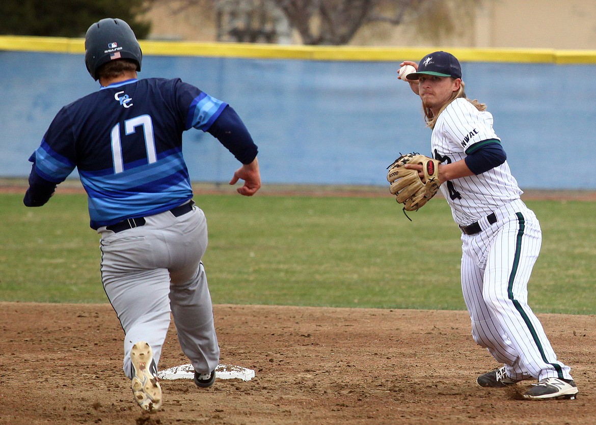 Rodney Harwood/Columbia Basin HeraldBig Bend shortstop Kyle Tolf makes the throw to first base to complete the double play in the first game of Wednesday's NWAC East doubleheader with Columbia Basin.