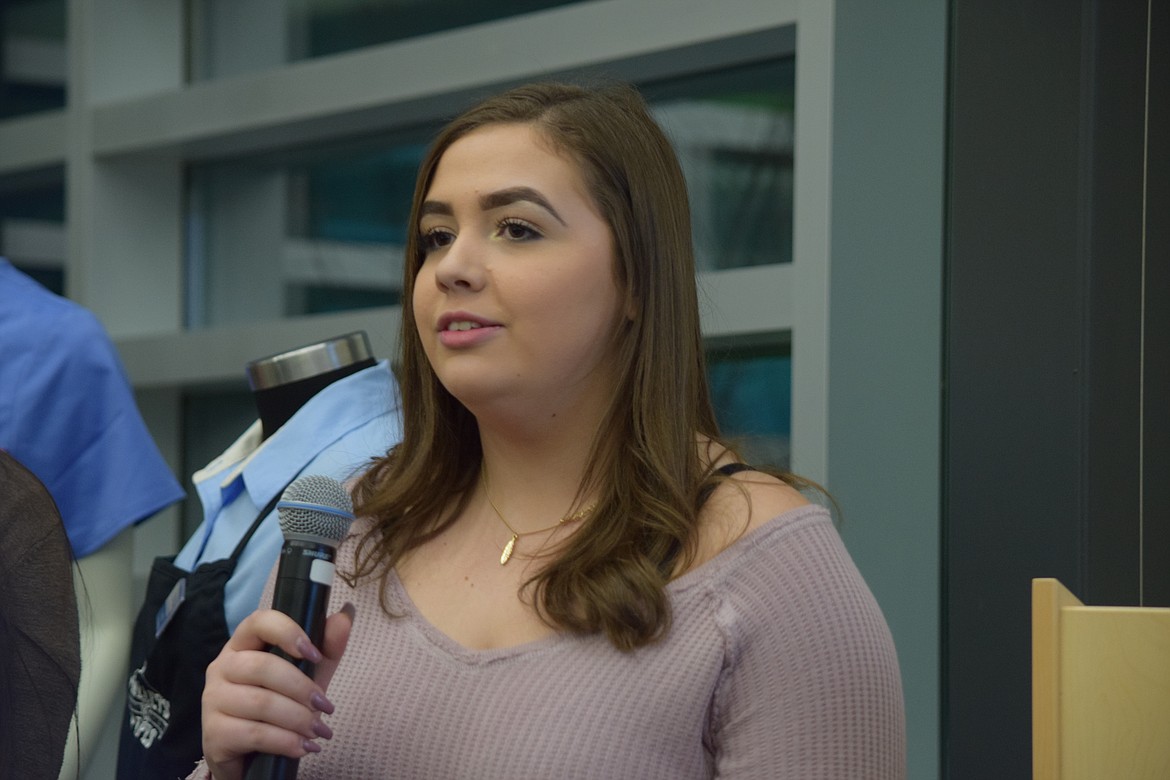 Charles H. Featherstone/Columbia Basin Herald
Moses Lake High School sophomore Lilly Thorneberry talks about dating violence at the Columbia Basin Technical Skills Center last Thursday.