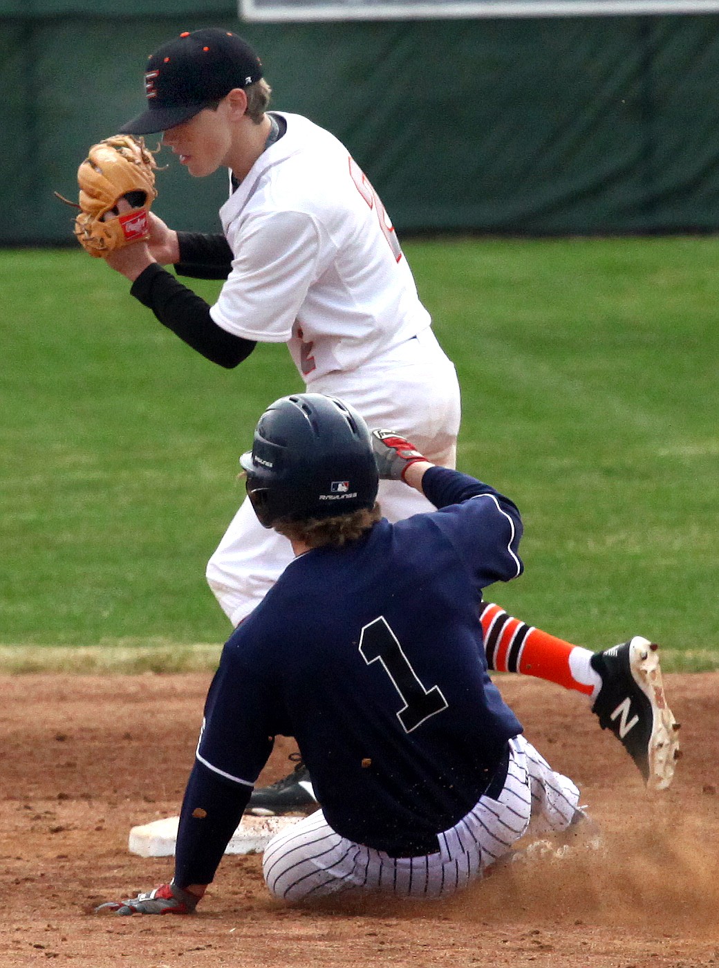 Rodney Harwood/Columbia Basin Herald
Ephrata's Austin Webb (2) steps on second base to force Ellensburg runner Trace Townsend (1) out on Saturday during CWAC baseball action at Johnson-O'Brien Stadium.