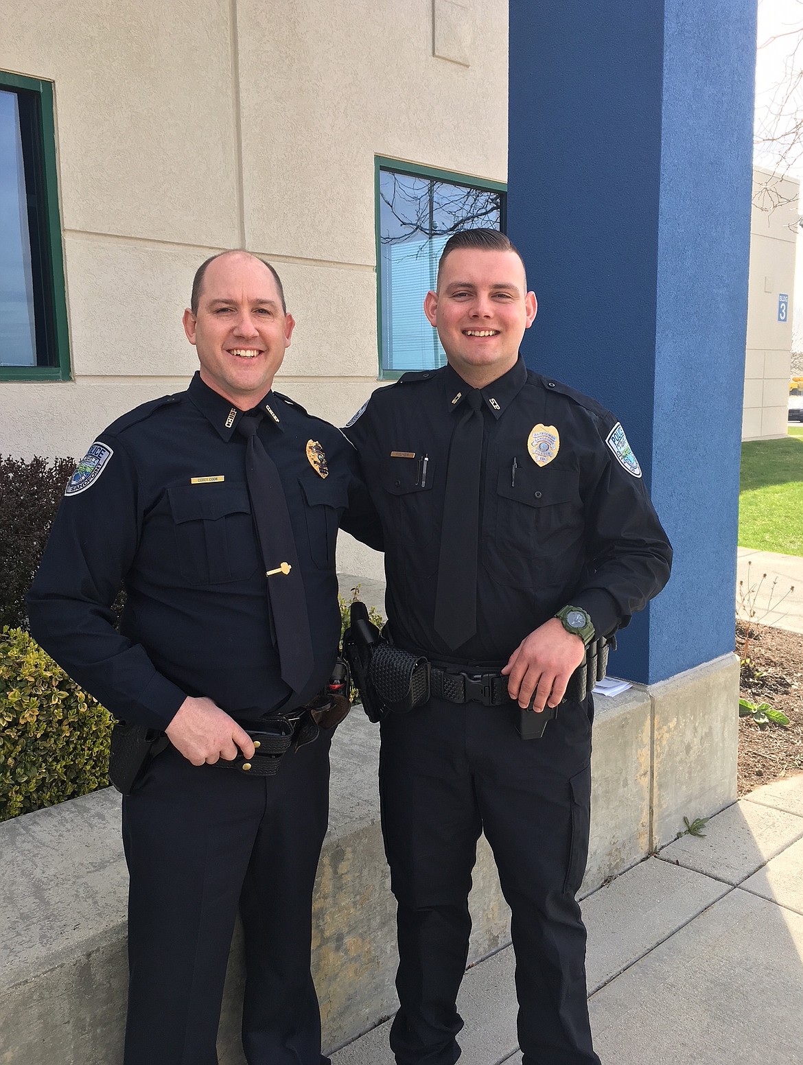 (Courtesy photo) 
Sandpoint Police Officer Zachary Fisher, right, graduated from the Idaho Peace Officer Standards and Training Academy on March 30. The academy is in Meridian and lasts ten weeks.  It also meant ten weeks away from family.  &#147;We are excited to have Officer Fisher back and serving our community as a commissioned member of our police department,&#148; City Administrator Jennifer Stapleton said in a statement.  In addition to Fisher&#146;s accomplishment, the city&#146;s Wastewater Treatment Plant supervisor, Deven Hull, not pictured, passed his Idaho Grade 4 operator exam last week.  This is the highest level of certification for wastewater treatment, and Sandpoint is required to have a Grade 4 operator at its plant. This level of certification requires both education and proven experience in wastewater treatment and requires that the operator pass the Grades 1, 2 and 3 exams before being eligible to sit for the Grade 4 exam.