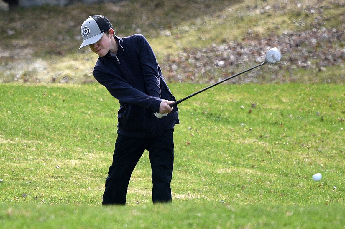 Eureka&#146;s Kaden Benford tees off on the 14th hole at Eagle Bend Golf Club in Bigfork on Thursday. (Casey Kreider/Daily Inter Lake)