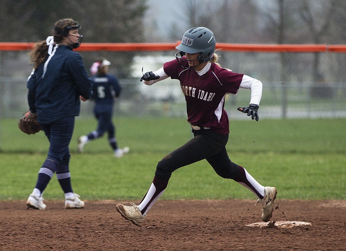 McKenzie Schaller of North Idaho College rounds second base in a game against Big Bend.
