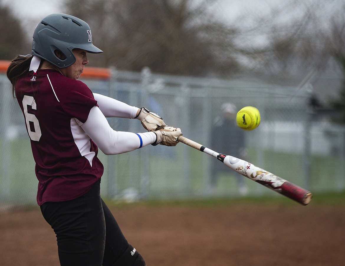 Jori Kerr of North Idaho College makes contact on a Big Bend pitch.