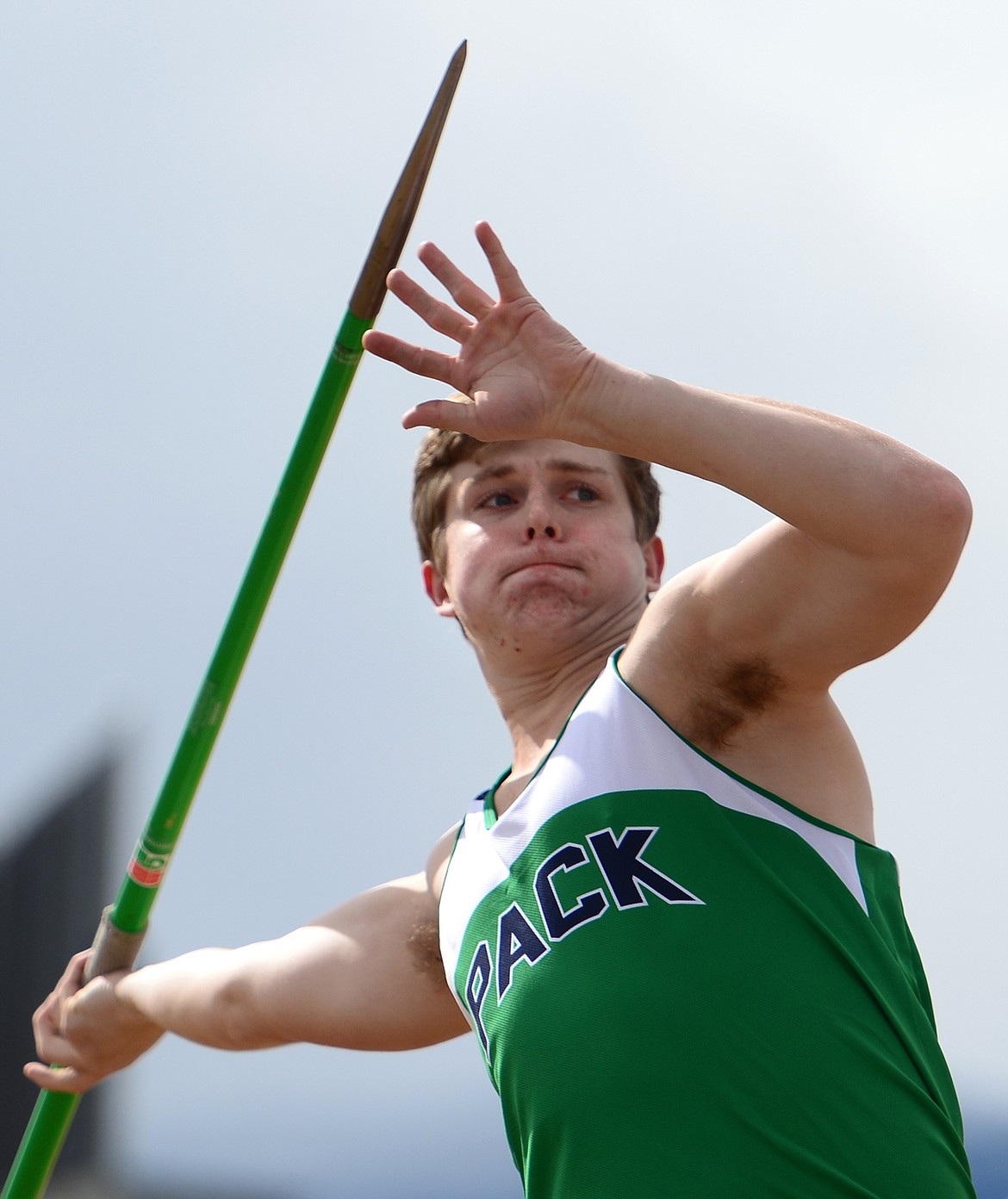 Glacier High School&#146;s Bennett McChesney competes in the javelin during a meet with Flathead High School at Glacier High School on Tuesday. McChesney&#146;s throw measured 163.4. (Casey Kreider/Daily Inter Lake)