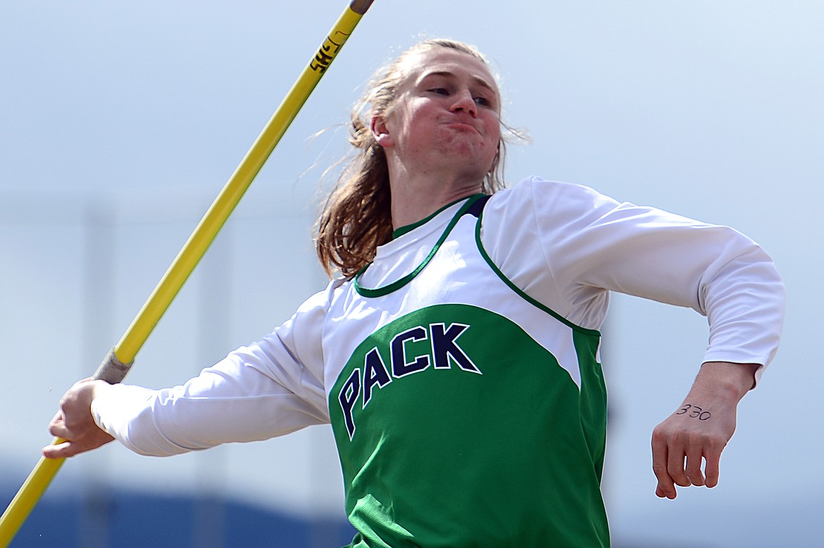 Glacier High School&#146;s Evan Todd competes in the javelin during a meet with Flathead High School at Glacier High School on Tuesday. Todd&#146;s throw measured 160.9. (Casey Kreider/Daily Inter Lake)