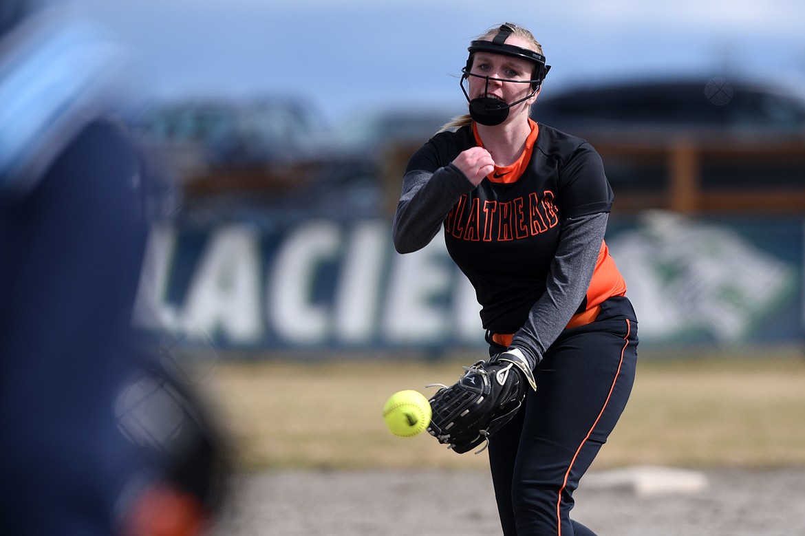 Flathead pitcher Maitlynn Betts releases a pitch against Glacier on Tuesday at Glacier High School. (Casey Kreider/Daily Inter Lake)