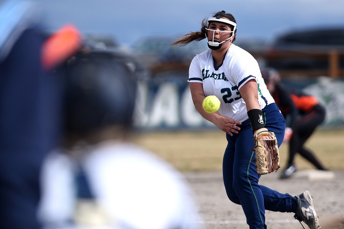 Glacier pitcher Sage Vanterpool releases a pitch against Flathead at Glacier High School on Tuesday. (Casey Kreider/Daily Inter Lake)