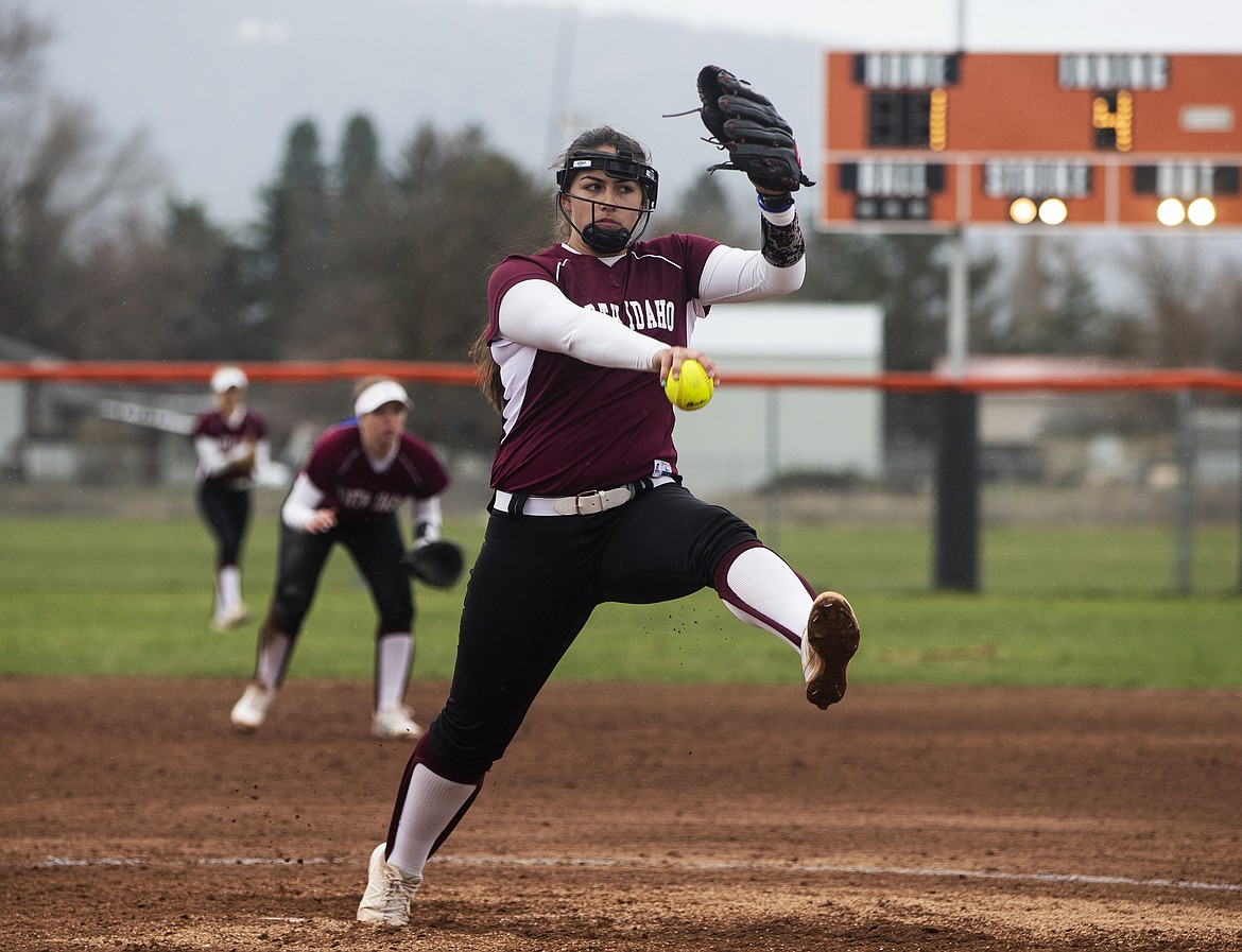 LOREN BENOIT/Press
Aubrey Seipert of North Idaho College delivers a pitch against Big Bend Community College on Friday afternoon at Post Falls High School. NIC (26-2, 17-1) swept Big Bend (16-15, 7-10) 5-4 and 20-2. No other information was available. NIC is scheduled to host Walla Walla today in an NWAC doubleheader at Post Falls High, beginning at noon.