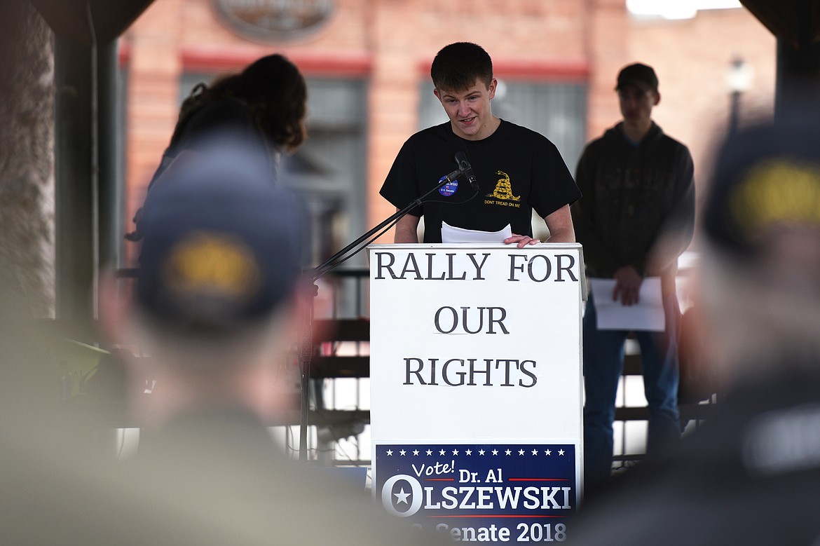 Columbia Falls High School senior Braxton Shewalter speaks during the &#147;Rally for Our Rights&#148; pro-gun demonstration he and Glacier High School students Cole Medhus and Grant Miller organized at Depot Park in Kalispell on Saturday. (Casey Kreider/Daily Inter Lake)