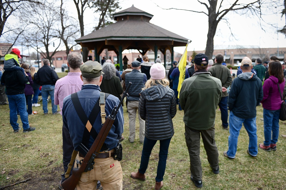 Attendees listen to speakers at the &#147;Rally for Our Rights&#148; pro-gun demonstration at Depot Park in Kalispell. on Saturday. (Casey Kreider/Daily Inter Lake)