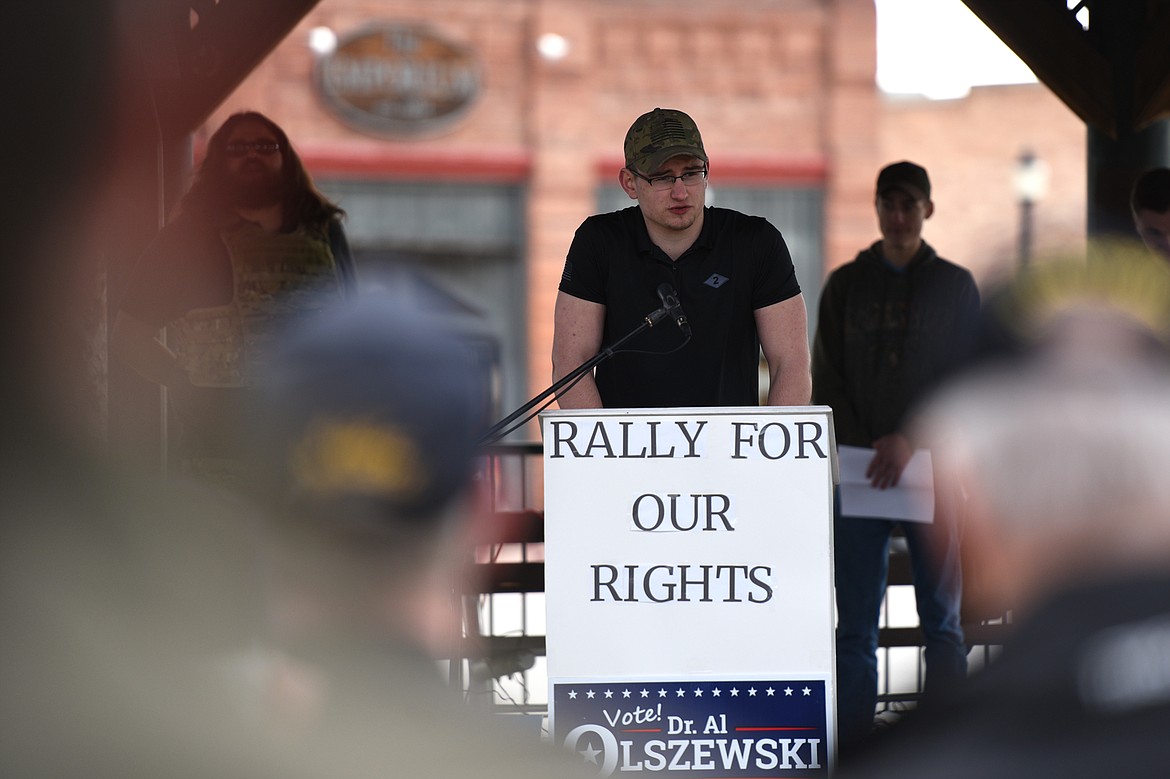 Glacier High School sophomore Cole Medhus speaks during the &#147;Rally for Our Rights&#148; pro-gun demonstration he and fellow students Braxton Shewalter and Grant Miller organized at Depot Park in Kalispell on Saturday. (Casey Kreider/Daily Inter Lake)