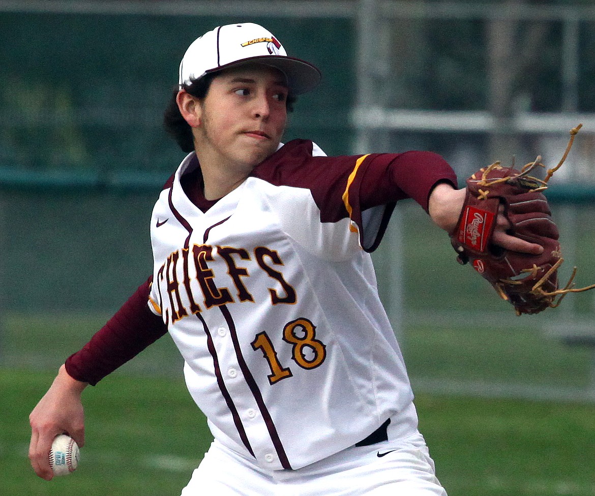 Rodney Harwood/Columbia Basin HeraldMoses Lake senior Jordan Rios pitched four shutout innings, allowing just one hit and combining with Dax Lindgren for the shutout in Friday's 13-0 victory over Davis in the second game of a CBBN doubleheader at Larson Playfield.