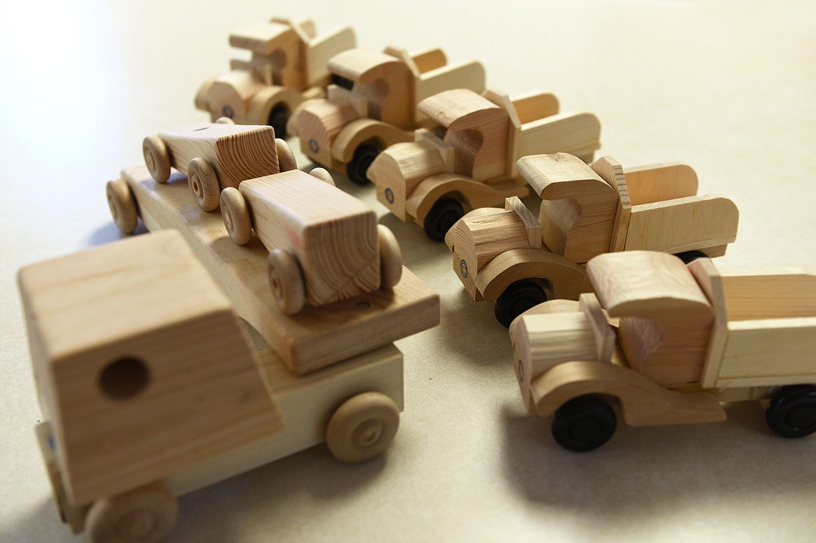 Handmade wooden toys crafted by Kalispell resident Bob Redinger on Wednesday, April 4. (Casey Kreider/Daily Inter Lake)
