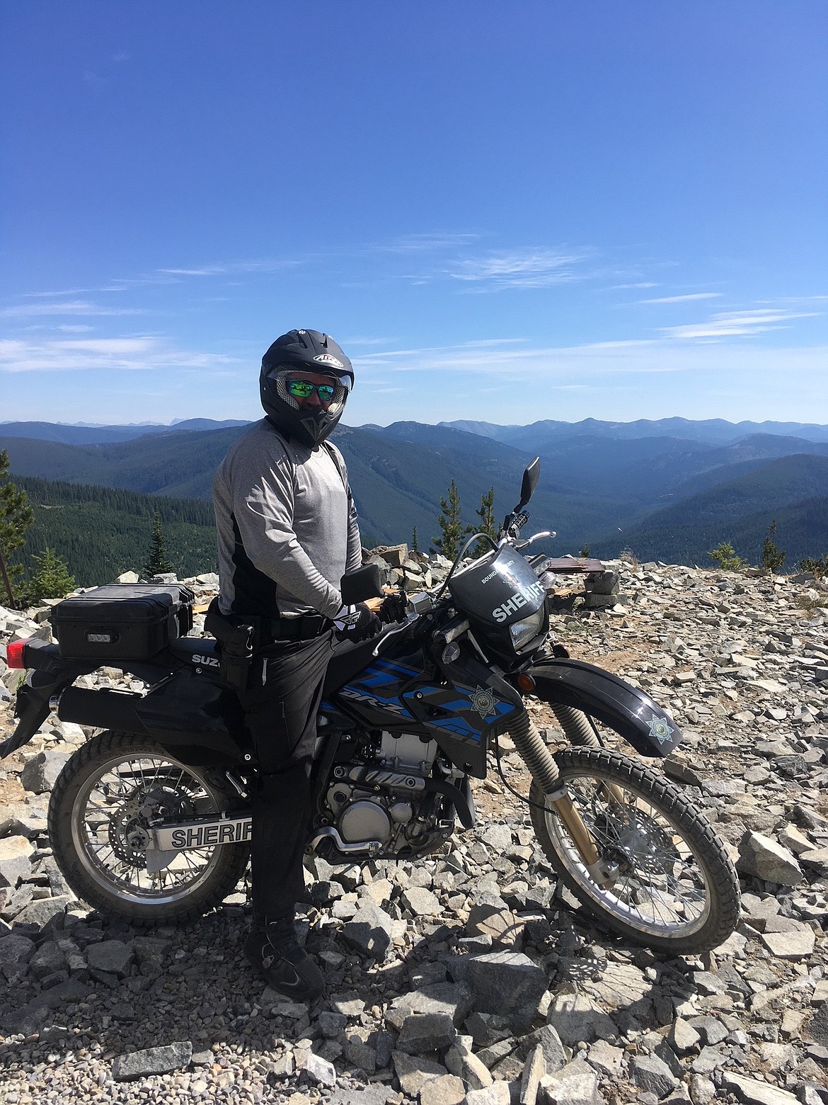 (Courtesy Photo)
Boundary County Reserve Deputy Steve Ussher on one of the dual sport motorbikes that are part of the Sheriff&#146;s Backcountry Patrol.