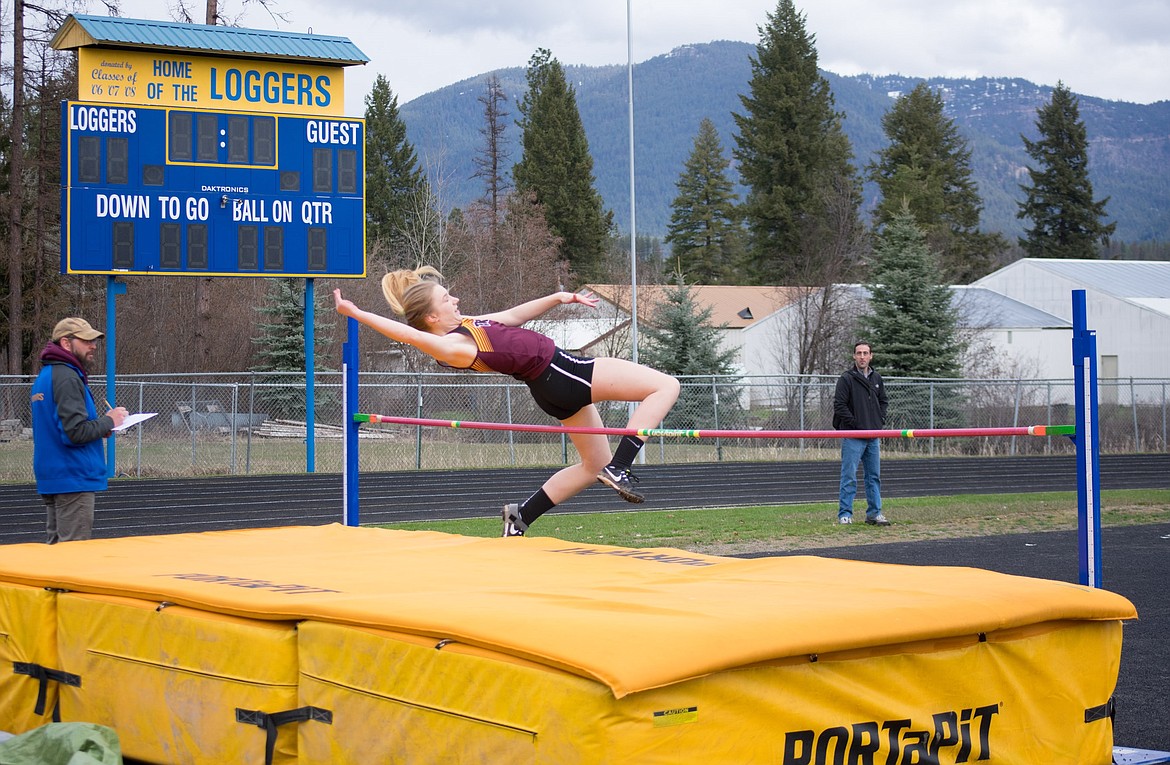 Seen here making her first jump of the day, Troy sophomore Ella Pierce placed third in the high jump with a 4-04  at the Libby Track and Field Invitational, Saturday. (Ben Kibbey/The Western News)