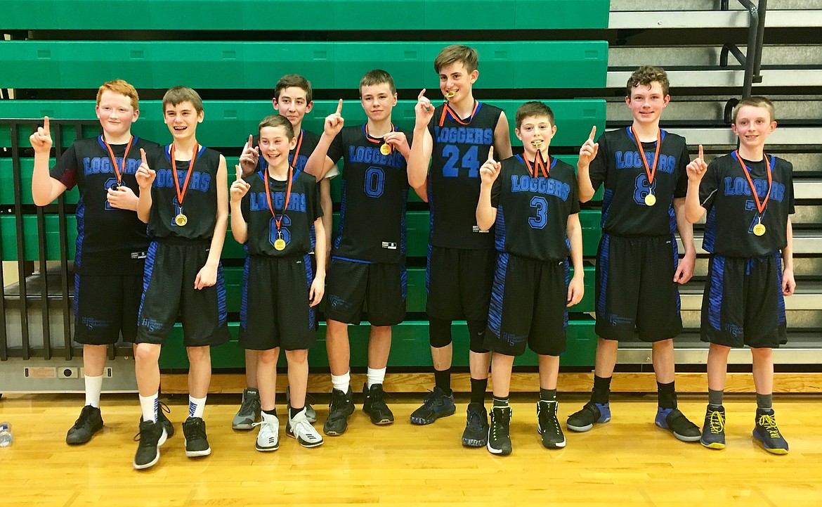 The 6th, 7th and 8th grade Boys Rotary Basketball teams placed first in their divisions at the Flathead Hoopfest in Kalispell on April 7-8. Pictured is the 7th grade team: Caleb Moeller, Cylis Goddard, Zach Fantozzi, Grant Larson, Cy Stevenson, Connor Hartley, Trevor Collins, Sam Rosling and Dylan Buckner. (Courtesy photo)