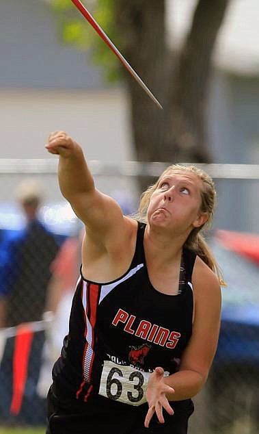 PLAINS TRACK star Jessica Thompson throws the javelin in a MHSA state meet in 2017. Thompson has captured first-place in five events this year. (Photo courtesy of the Billings Gazette)