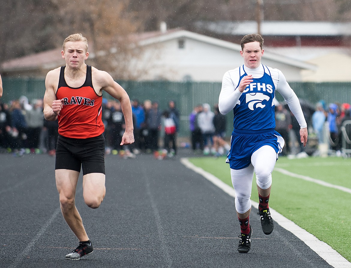 Kaedan Clewien, right, of Columbia Falls runs the 100-meter dash.