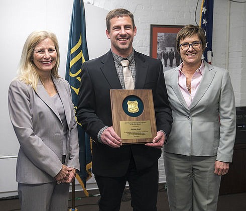 Nate Kegel with the Lolo National Forest, received the Managerial Engineer of the Year award in Washington, D.C., on April 5. He was presented the award from National Director of Engineering Emilee Blount (left) and Lenise Lago, associate chief of the National Forest System (right). (Photo courtesy of the National Forest Service)