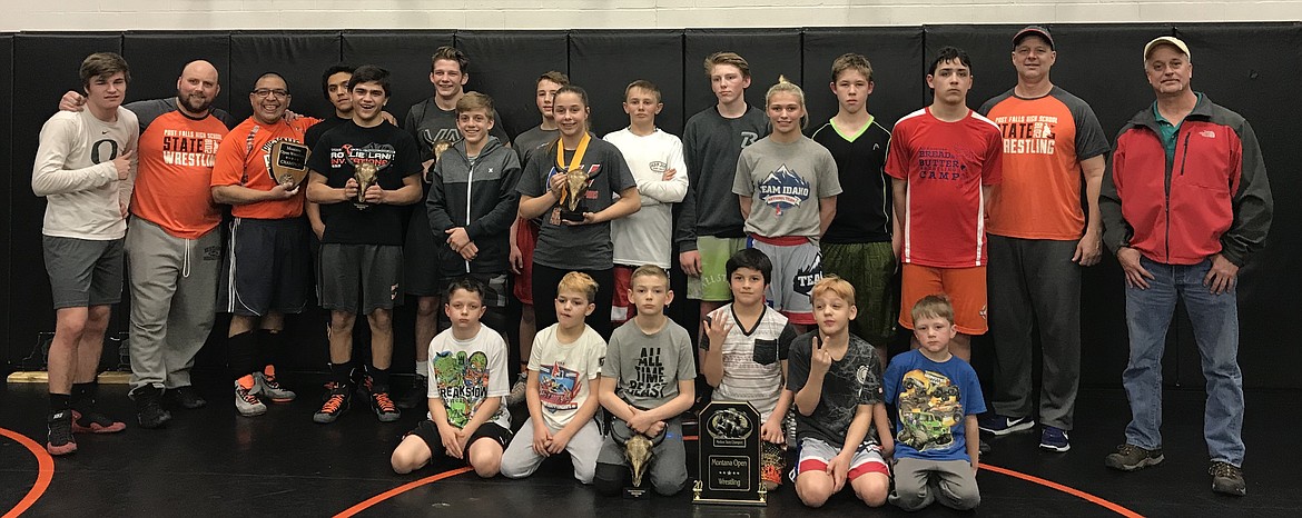 Courtesy photo
Team Real Life wrestlers joined nearly 2,000 other wrestlers from Idaho, Montana, North Dakota, South Dakota, Utah, Washington and Wyoming at the Montana Open held March 24-25 in Billings. Team Real Life won the tournament Medium Team Championship which is awarded to teams with 16 to 30 wrestlers. In the front row from left: Byson Huber, 4th; Matthew Hamilton; Rider Seguine, 1st; Gavin Rodriguez, 5th; Damion Hamilton, 2nd and Reise Reardon; and back row from left, Tyler Morris, 2nd; Post Falls High coach Pete Reardon; Team Real Life club coach Abel De La Rosa; Mathias De La Rosa, 1st; AJ De La Rosa, 1st; Braydon Huber, 1st; Roddy Romero, 1st; Lane Reardon, 5th; Brelane Huber, 1st in girls division, 4th in open division; Walker Rouse; Jonathan Hill, 5th; Devine Hill, 1st in girls division; Keanyn DeGroat; Tyler Lafser; coach Brian Huber and coach Robert Romero.