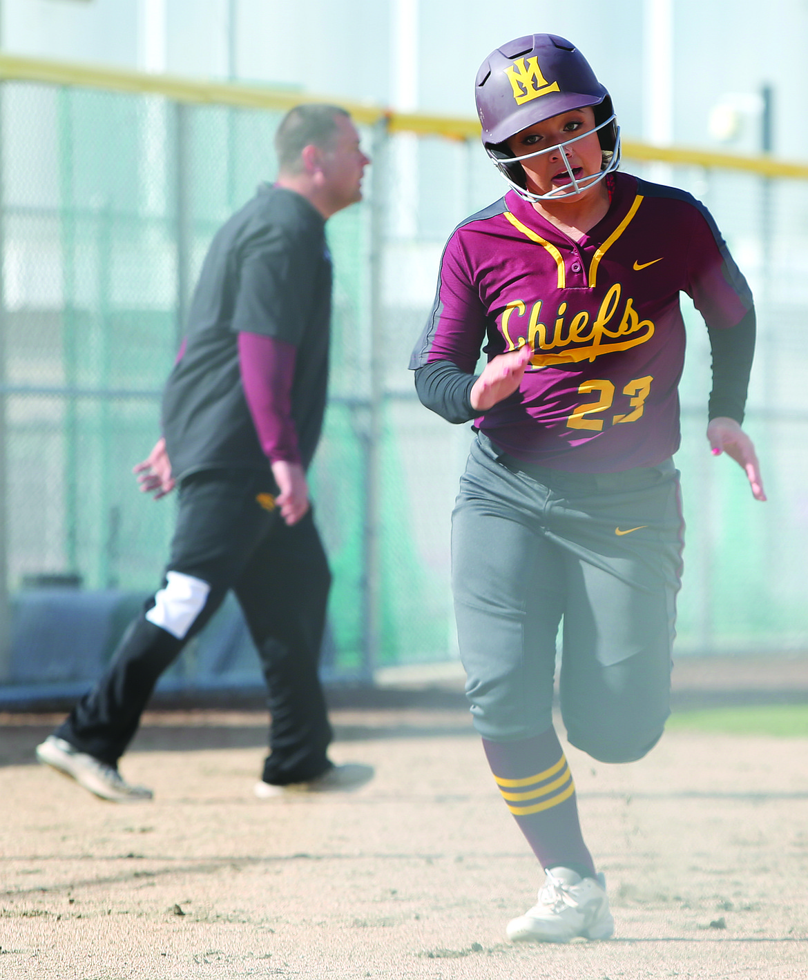 Connor Vanderweyst/Columbia Basin Herald
Moses Lake's Brooklyn Bailey heads home after Savannah Ashley tripled in the first inning against Davis.