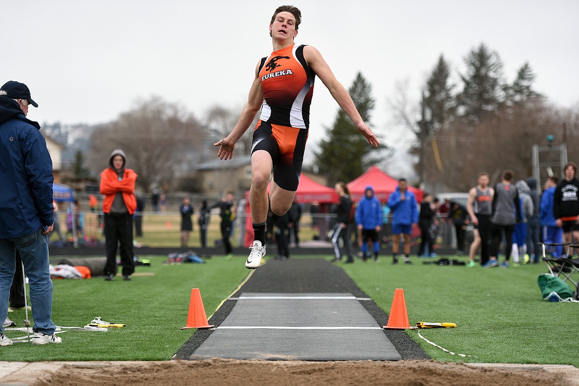 Eureka&#146;s Garrett Graves competes in the boys&#146; long jump during the Kalispell Invitational at Legends Stadium on Tuesday. (Casey Kreider/Daily Inter Lake)