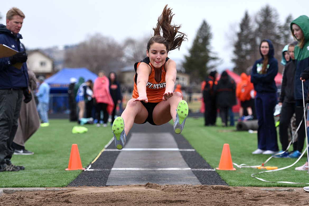 Flathead&#146;s Ashley Dropps competes in the girls&#146; long jump at the Kalispell Invitational at Legends Stadium on Tuesday. (Casey Kreider/Daily Inter Lake)