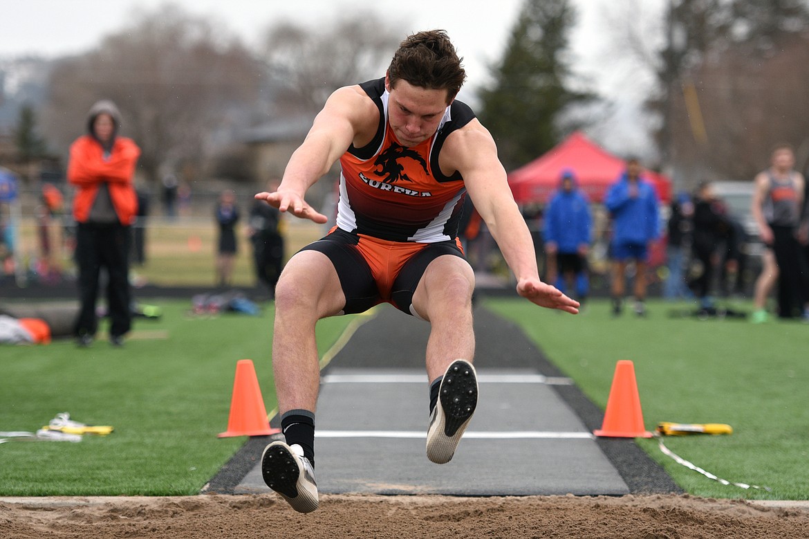 Eureka&#146;s Garrett Graves competes in the boys&#146; long jump during the Kalispell Invitational at Legends Stadium on Tuesday. (Casey Kreider/Daily Inter Lake)