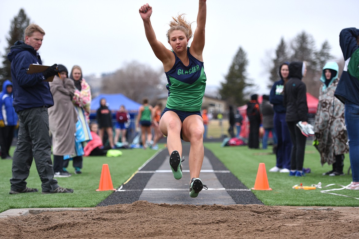 Glacier&#146;s Morgan McGilvary competes in the girls&#146; long jump at the Kalispell Invitational at Legends Stadium on Tuesday. (Casey Kreider/Daily Inter Lake)