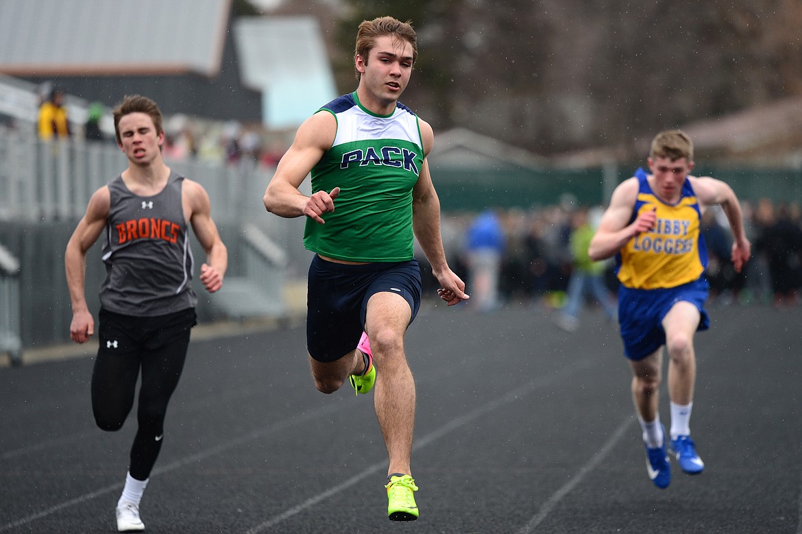 Glacier&#146;s Ethan Larson takes first in the boys&#146; 100 meter at the Kalispell Invitational at Legends Stadium on Tuesday. (Casey Kreider/Daily Inter Lake)