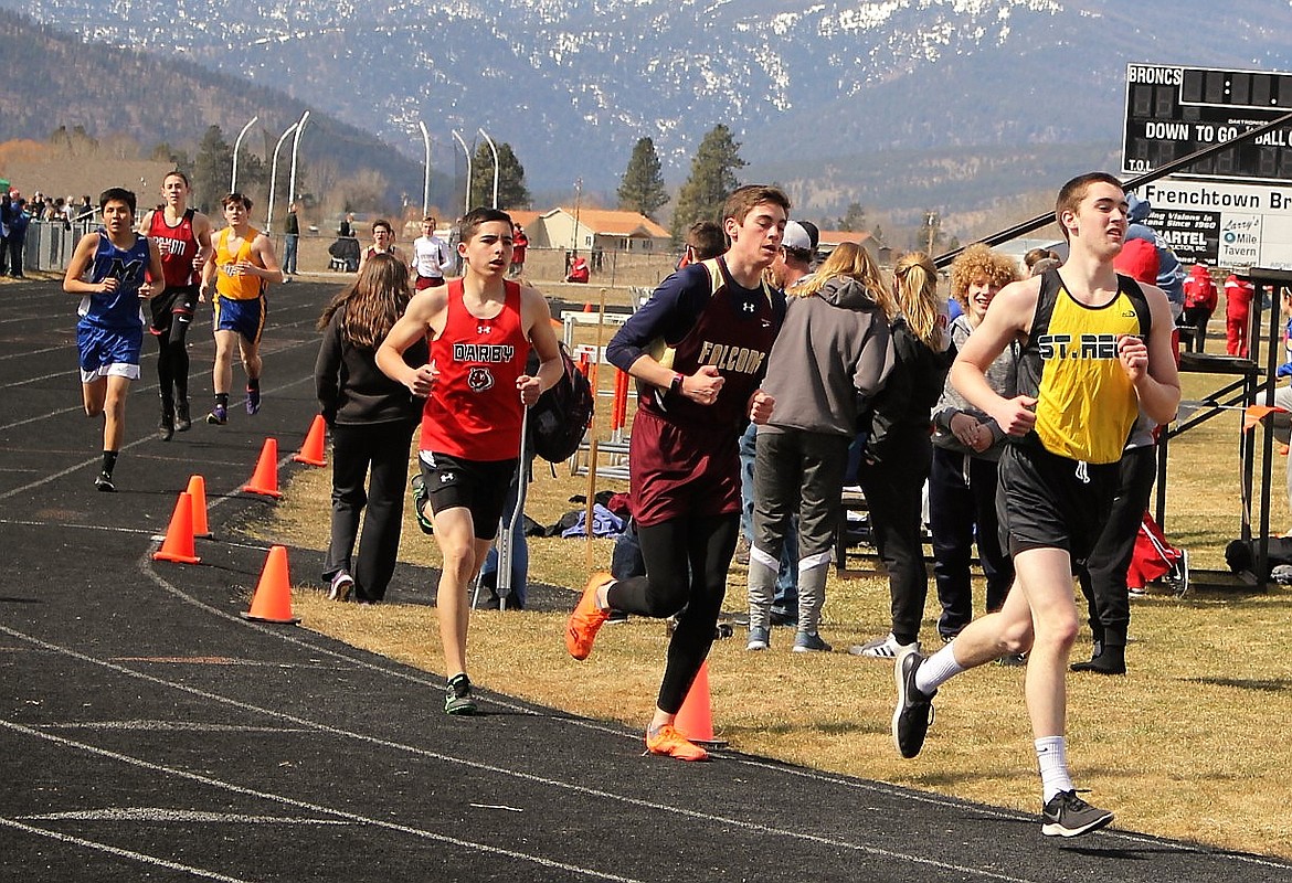 St. Regis led the way during the boys mile race in Frenchtown earlier this month. (Kathleen Woodford/Mineral Independent).