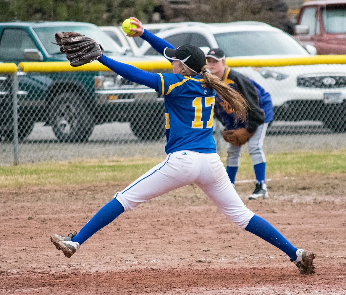 Libby&#146;s Keira Ward winds up a pitch in the bottom of the second inning during of the final game of the Tuesday, April 10 double header between the Troy&#146;s Class B varsity and Libby&#146;s Class A junior varsity softball teams. (Ben Kibbey/The Western News)