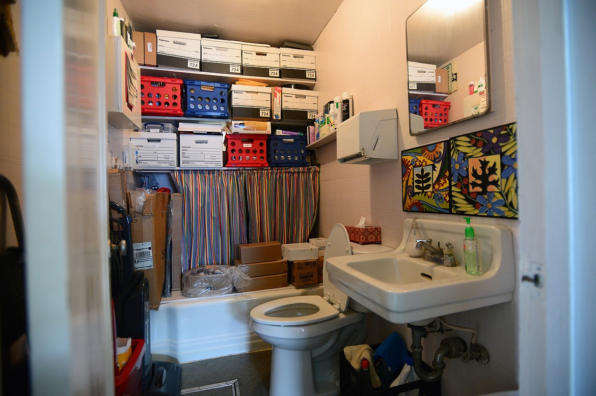 The bathroom in the office area at the Deer Park School also serves as a storage area for supplies and paperwork. (Casey Kreider/Daily Inter Lake)