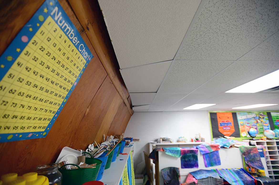 Ceiling panels droop in the Quonset hut, which was built as a small gym in the 1960s but has been portioned into classrooms. (Casey Kreider/Daily Inter Lake)