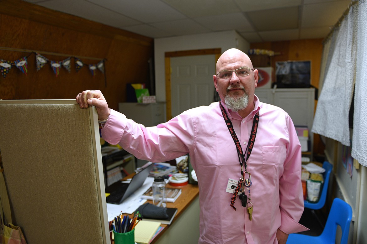 Roy McDaniel, a guidance counselor at Deer Park School, inside his office space in the Quonset hut on Thursday, April 5. (Casey Kreider/Daily Inter Lake)