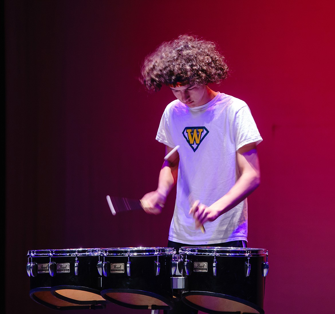 Amman Koch-Ford busts out a drum solo during the Whitefish High School Talent Show on Thursday. (Daniel McKay photos/Whitefish Pilot)