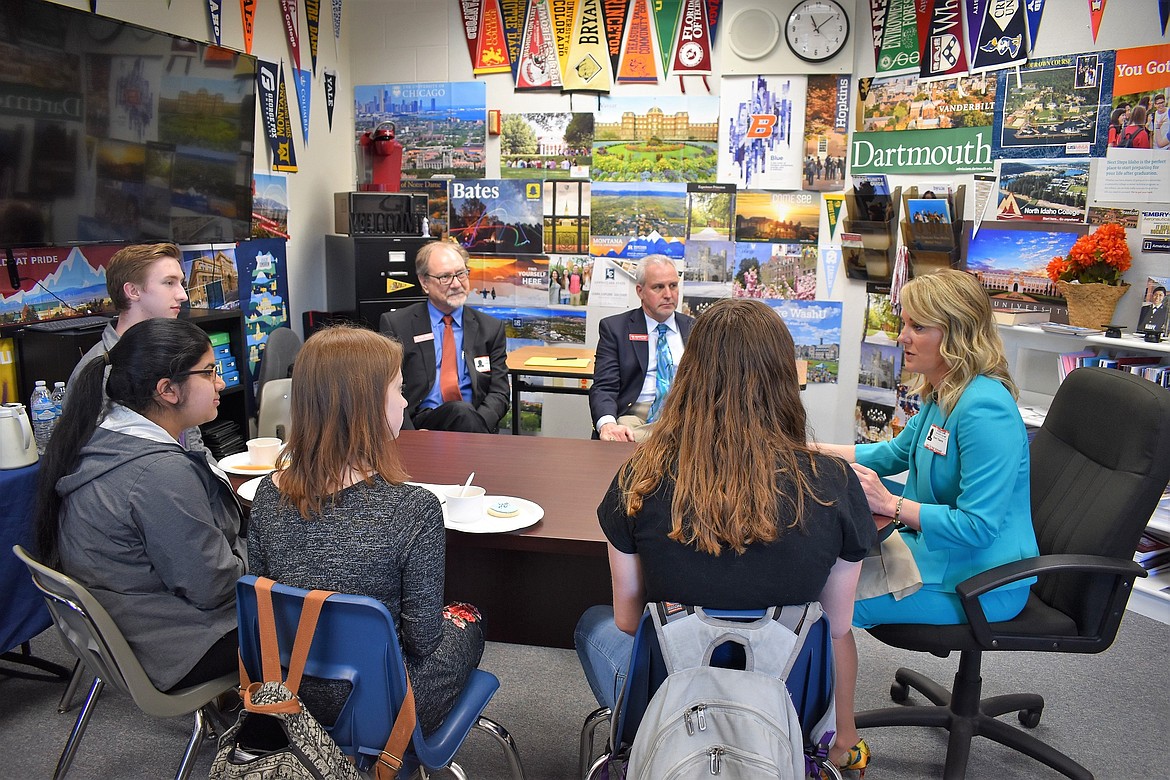 Courtesy Photo
Idaho Superintendent of Public Instruction Sherri Ybarra speaks with students about school safety measures Wednesday morning at Lake City High School. The students, from right, sophomore Caleigh Sherman, sophomore Zoe O&#146;Brien, sophomore Seerit Kaur and senior Josh Weadick, shared their thoughts on the availability of mental health resources, among other topics.