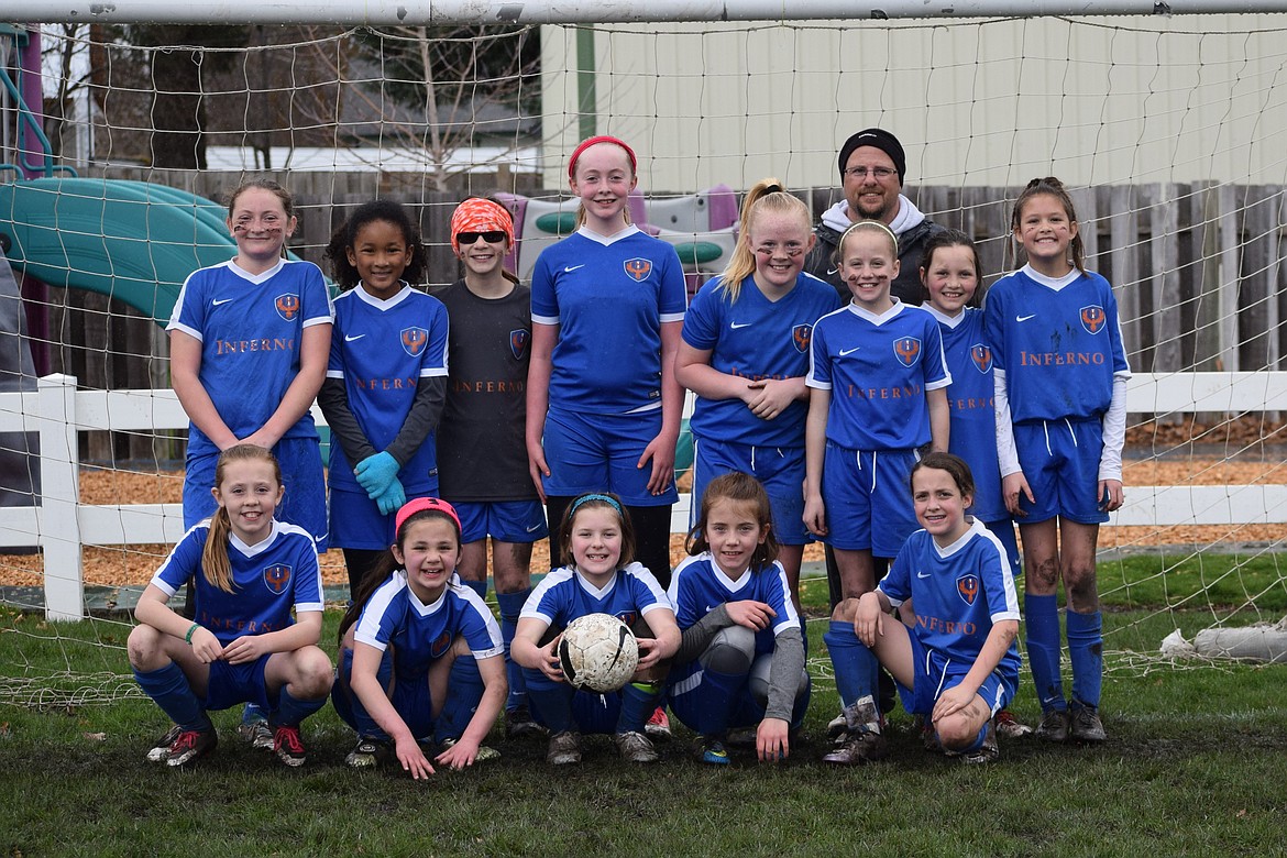 Courtesy photo
On April 14 the North Idaho Inferno Hartzell Girls 07 soccer team tied Spokane Shadow Elite Van Lith 1-1, with the goal from Isabella Berzoza. The Inferno won 1-0 against IEYSA Valor Maroon Cargile on April 15, with the lone goal from Riley Brazle. In the front row from left are Kyndall Wells, Isabella Berzoza, Mallory Judd, Malina Biondo and Charlie Calkins; and back row from left, Juliette Gilmor, Jamie Lawrence, Danielle Todd, Nicole Stewart, Kennedy Hartzell, Lily Bole, coach Kirk Hartzell, Riley Brazle and Ellie McGowan. Not pictured is Zoey Manley.