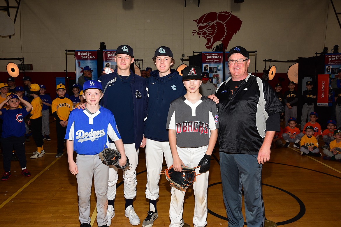 Courtesy photo
Throwing out the first pitch to open up the 2018 season for Coeur d Alene Little League were Kyle Manzardo and Zach Sensel, who were the 2018 Coeur d'Alene Little League scholorship winners. From left are Chase Saunders, Kyle Manzardo, Zach Sensel, AJ Currie and Coeur d'Alene Little League president Jeffrey Smith.