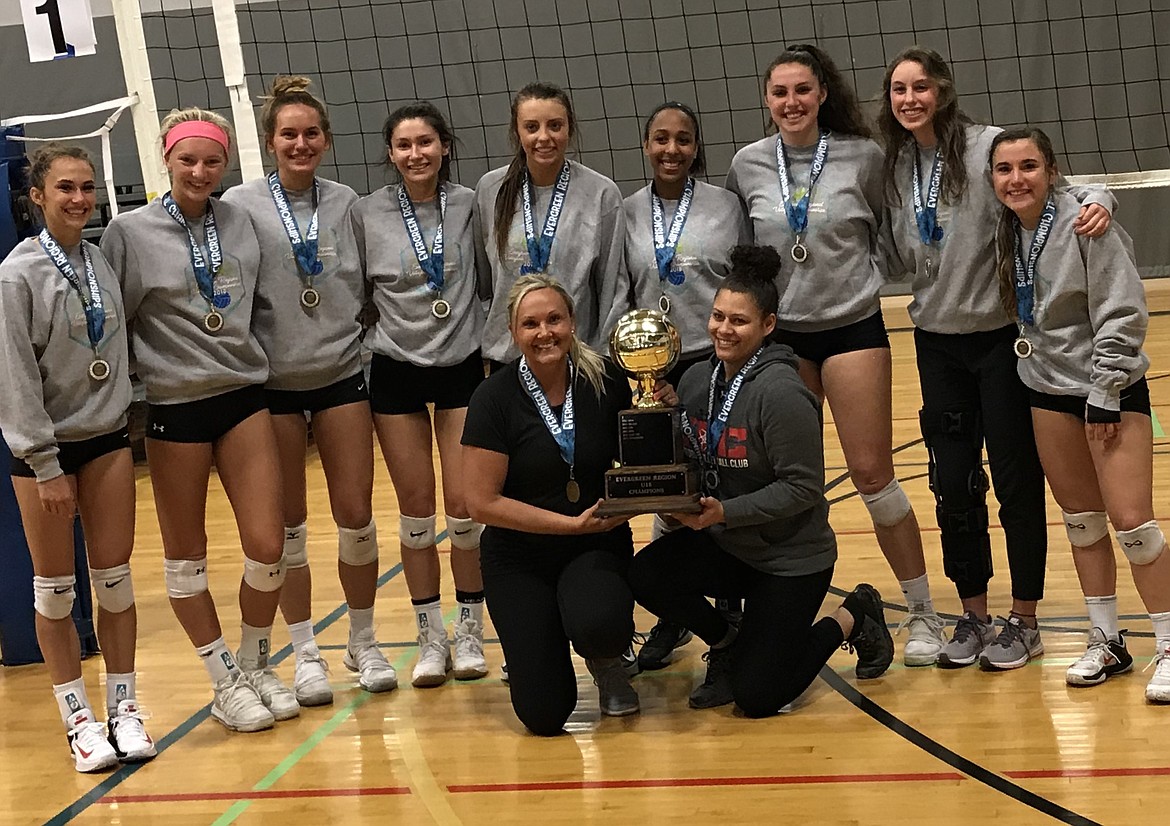 Courtesy photo
On Sunday the Renovators under-18 volleyball team competed in the Evergreen Regional volleyball tournament with 31 teams from eastern Washington, North Idaho and western Montana. They won 6 matches and beat two of those teams twice to win the regional championship. In the front row from left are coaches Kari Chavez and Mackenzie Hamilton; and back row from left, Klaire Mitchell, Arlaina Stephenson, Tessa Sarff, Taylor Tarble, Allison Munday, Kaitlyn White, Kelly Horning, Rachael Schlect and Reilley Chapman. Next up is USAVB Girls 18 National Tournament in Anaheim, Calif., with competition starting Friday in the 48-team National Division with 48 other tems. The Renovators are playing with teams from Oklahoma, Iowa, Michigan, Oregon and Tennessee in their pool.
