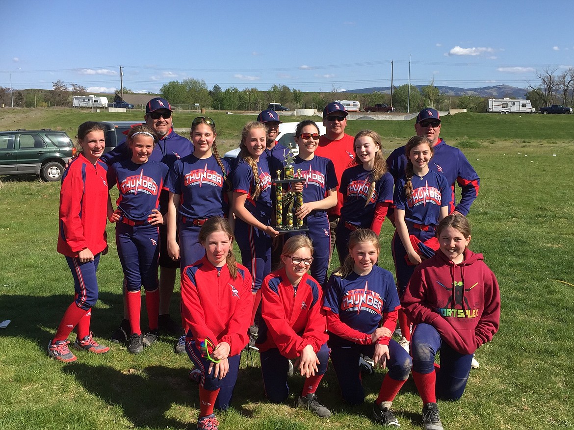 Courtesy photo
The LC Thunder 12-and-under fastpitch softball team placed second in the Silver bracket at the Sportsplex Invitational Tournament in Walla Walla, Wash., April 21-22. In the front row from left are Natalie Singer, Brooklyn Mendonca, Alycia Cameron and Natalie Vergu; second row from left, Brooklyn Wullenwaber, Layla Gugino, Tapanga Rojas, Makiya McPhedran, Natalya Lucero, Cassie  Zaring and Kylin Chavez; and back row from left, head coach Kevin Lucero, coach Jason Chavez, coach Morgan Gugino and coach Levi Wullenwaber.