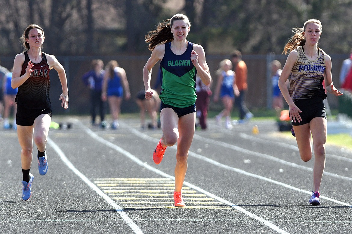 Glacier High School's Adrien Schnee took first place in the girls 100 meter dash at the A.R.M. Invitational at Whitefish High School on Saturday. (Casey Kreider/Daily Inter Lake)