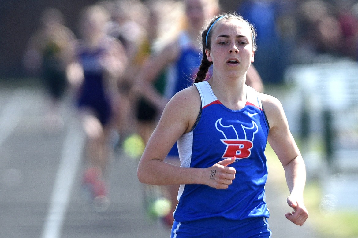 Bigfork High School's Bryn Morley distances the pack in the girls 1,600 meter run at the A.R.M. Invitational at Whitefish High School on Saturday. (Casey Kreider/Daily Inter Lake)