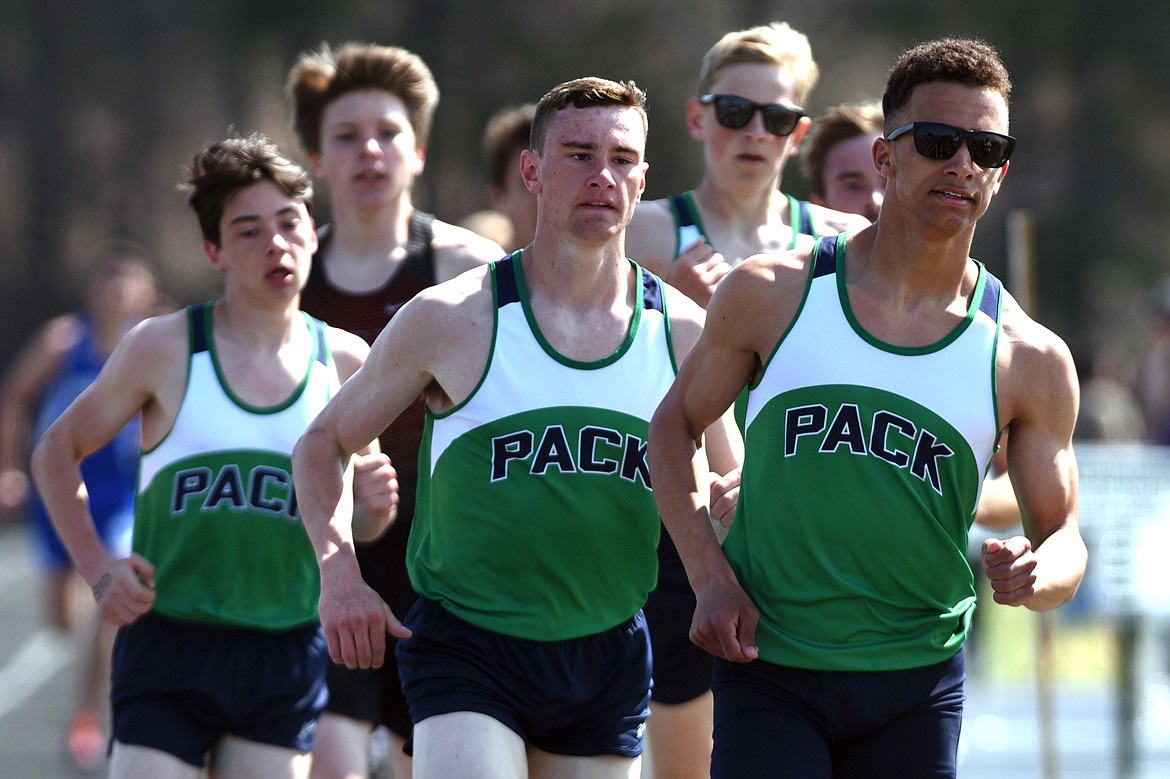 Glacier High School's Elijah Boyd leads the pack in the boys 1,600 meter run at the A.R.M. Invitational at Whitefish High School on Saturday. (Casey Kreider/Daily Inter Lake)